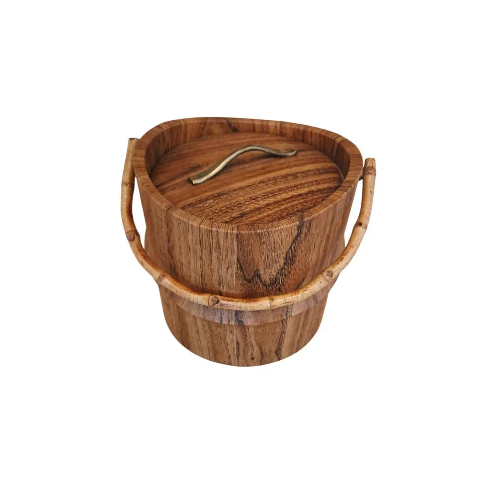 Vintage MCM Kraftware Faux Wood Ice Bucket with Bamboo Handle Made in USA